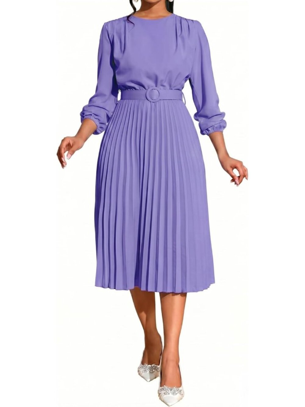 🆕Women's Purple Pleated Midi Dress Long Sleeve Semi Formal Dress Casual - Picture 1 of 6
